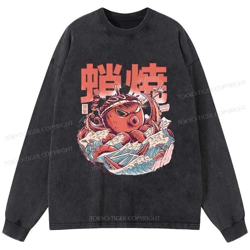 Tokyo-Tiger The Great Wave Takoyaki Japanese Washed Long Sleeve T-Shirt