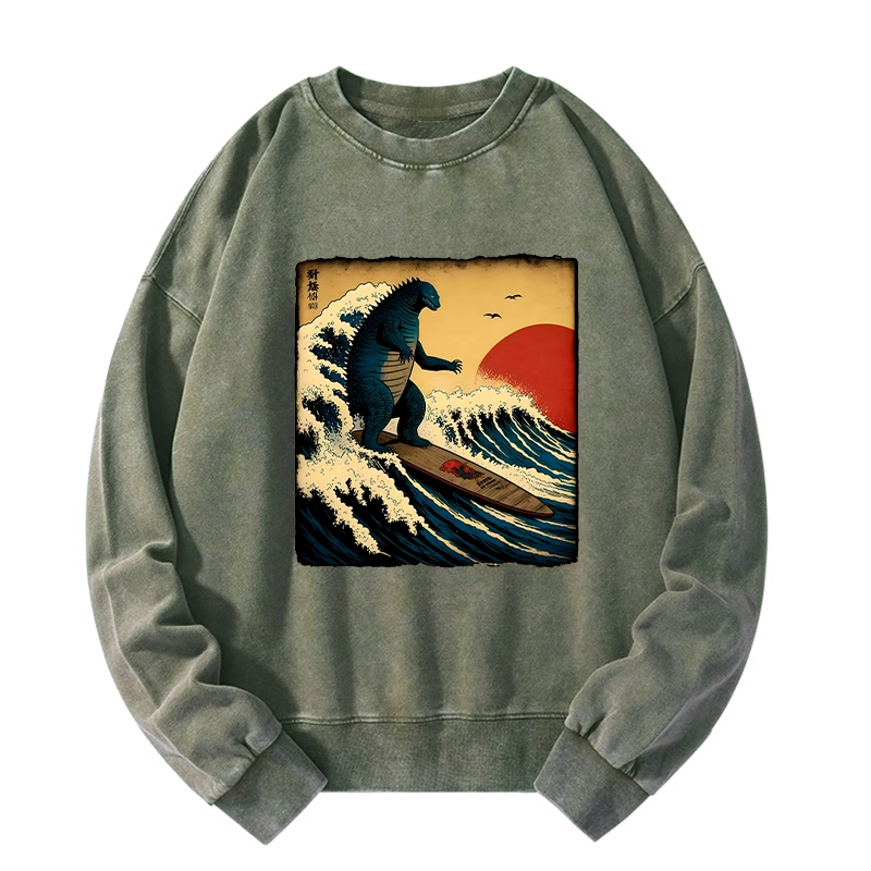 Tokyo-Tiger The Great Wave Godzilla Washed Sweatshirt