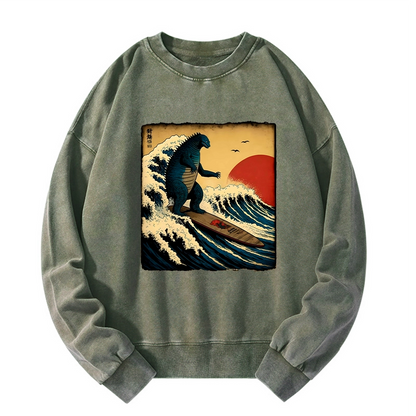 Tokyo-Tiger The Great Wave Godzilla Washed Sweatshirt