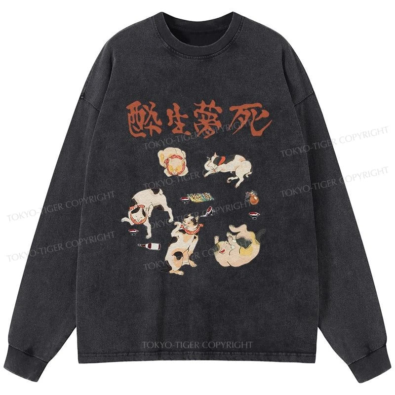 Tokyo-Tiger Drunken Cats Washed Long Sleeve T-Shirt