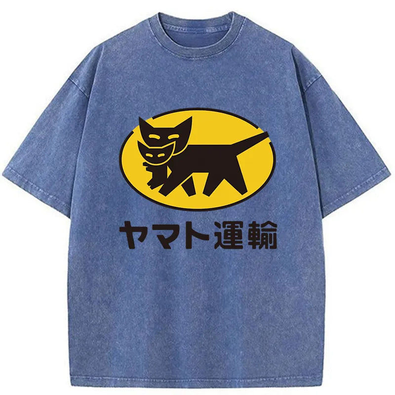 Tokyo-Tiger Black Cat Transport Pattern Japanese Washed T-Shirt