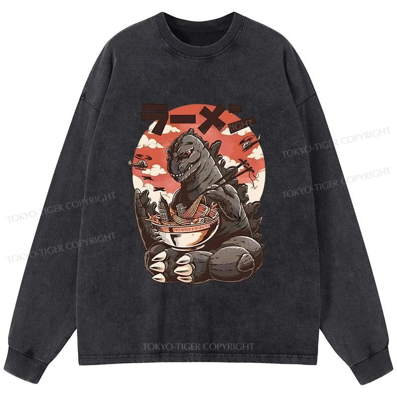 Tokyo-Tiger Ramen Monster Japanese Washed Long Sleeve T-Shirt