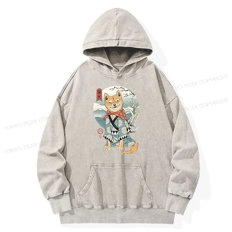 Tokyo-Tiger Samurai Shiba Dog Japanese Washed Hoodie