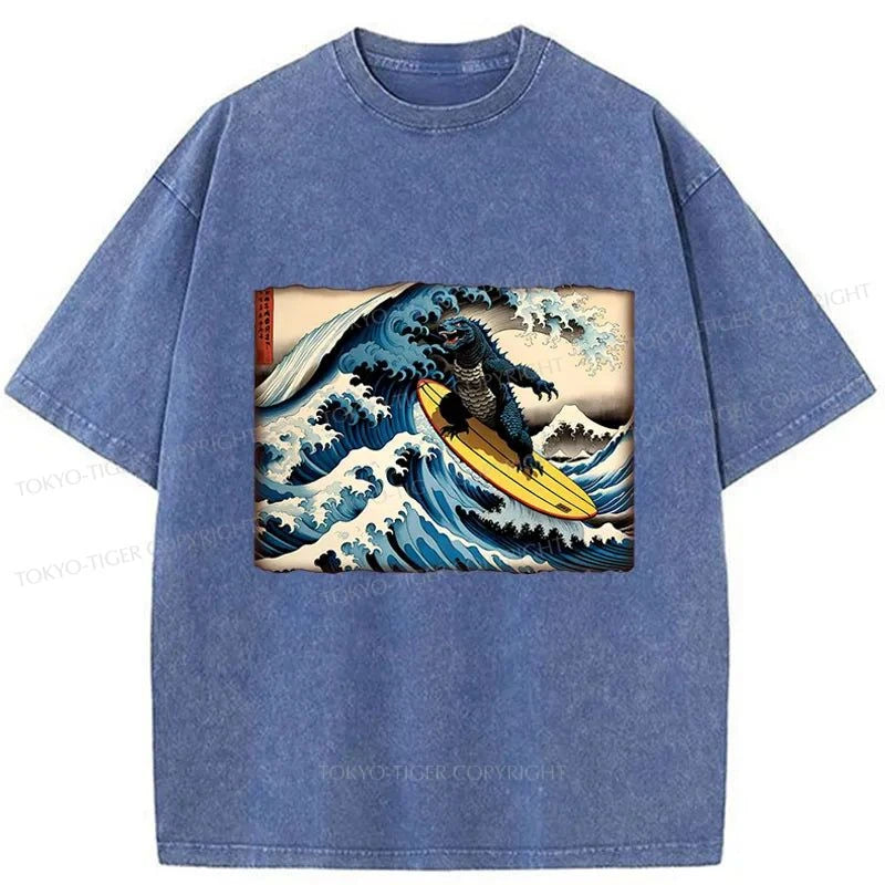 Tokyo-Tiger Dinosaur Surfing Japanese Washed T-Shirt