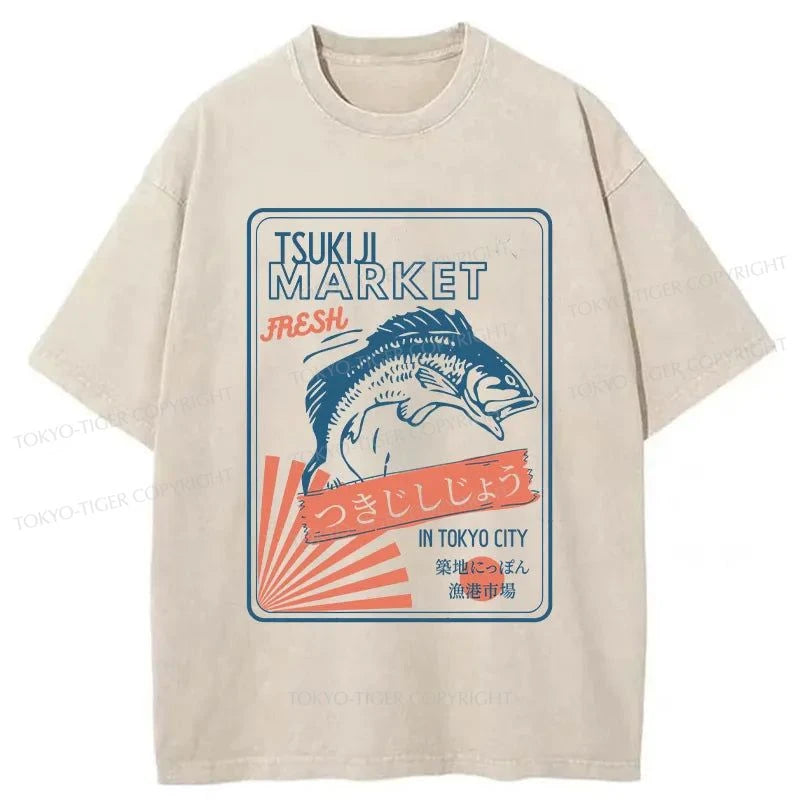 Tokyo-Tiger Tsukiji Fish Market Tokyo Japan Washed T-Shirt