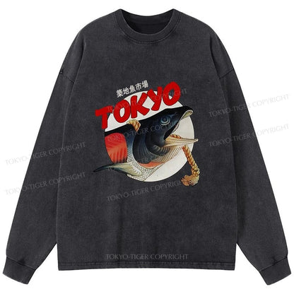 Tokyo-Tiger Vintage Japanese Tsukiji Fish Market Washed Long Sleeve T-Shirt