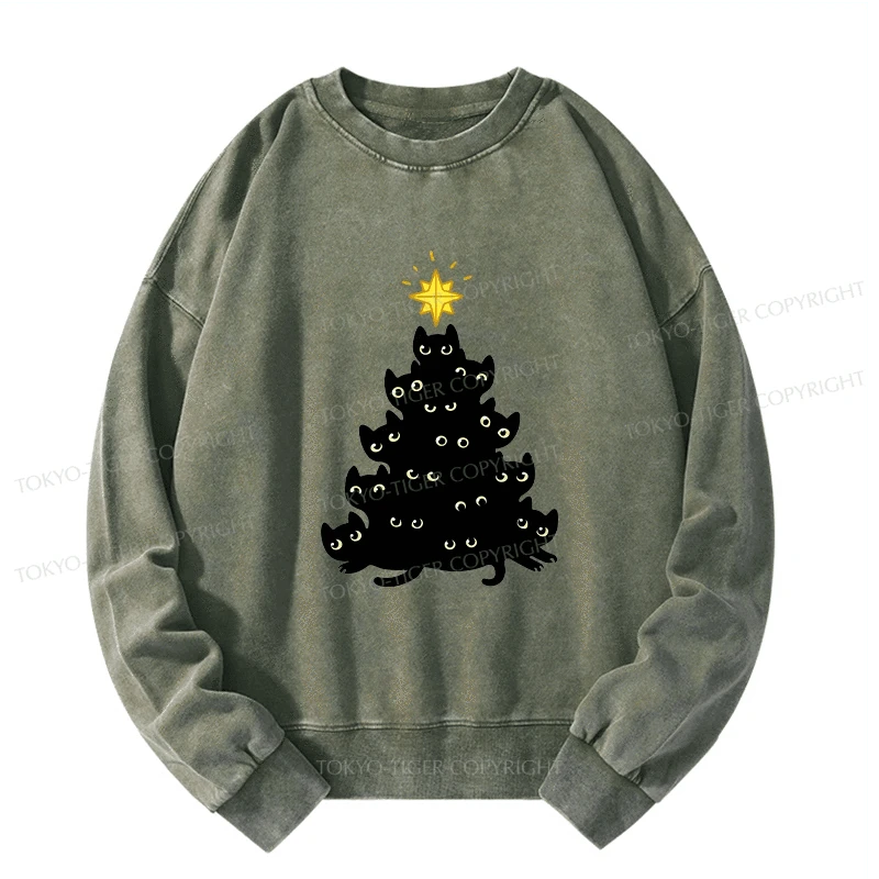 Tokyo-Tiger Black Cat Christmas Tree Washed Sweatshirt