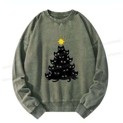 Tokyo-Tiger Black Cat Christmas Tree Washed Sweatshirt