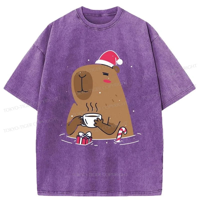 Tokyo-Tiger Santa Capybara In Christmas Washed T-Shirt