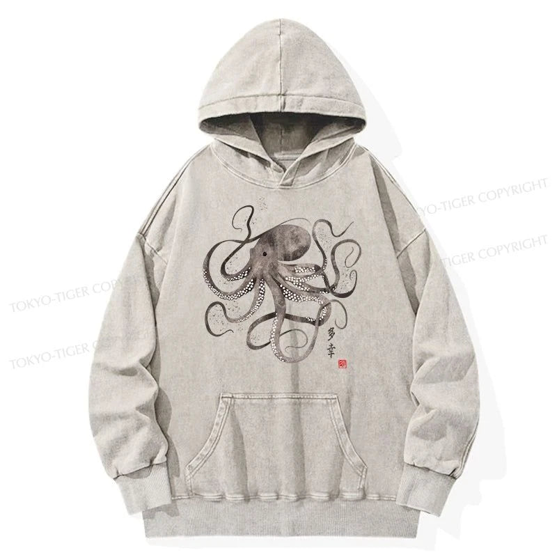 Tokyo-Tiger Octopus Japanese Calligraphy Washed Hoodie