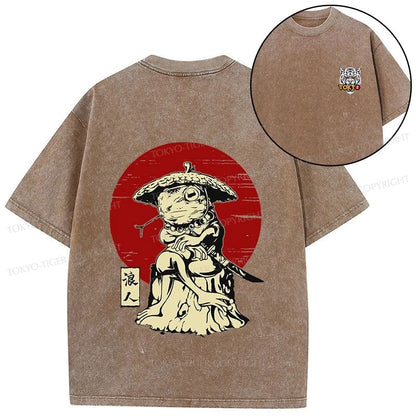 Tokyo-Tiger Rounin Japanese Frog Samurai Front Back Washed T-Shirt