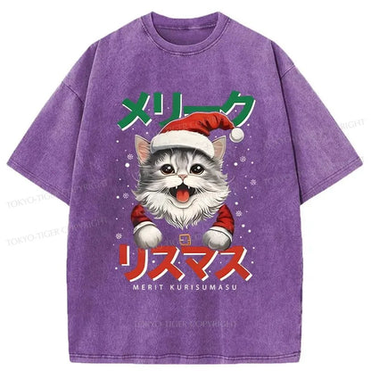 Tokyo-Tiger Cute Christmas Cat Washed T-Shirt