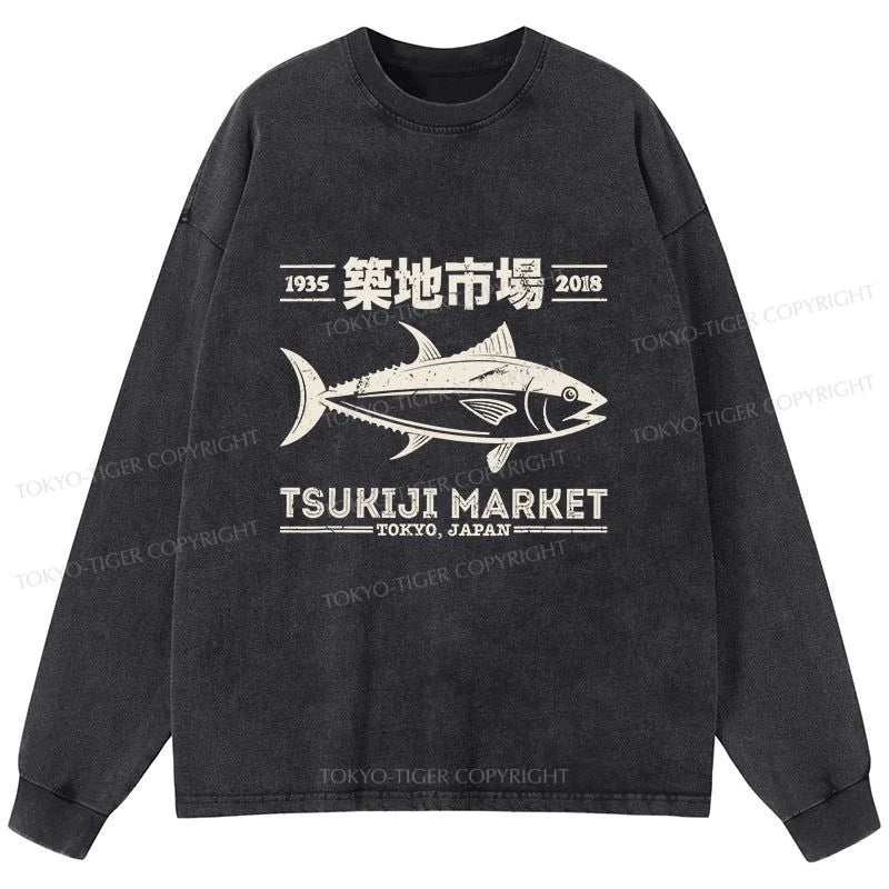 Tokyo-Tiger Retro Tsukiji Fish Market Streetwear Tokyo Washed Long Sleeve T-Shirt