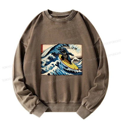 Tokyo-Tiger Dinosaur Surfing Japanese Washed Sweatshirt