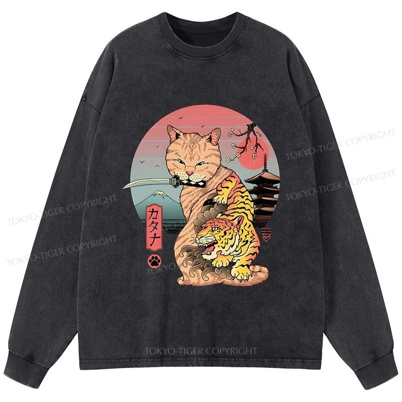 Tokyo-Tiger Katana Cat Tattoo Washed Long Sleeve T-Shirt