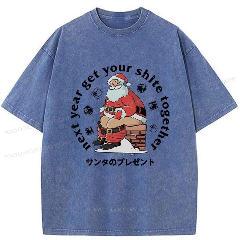 Tokyo-Tiger Funny Santa Claus Pooping Down The Chimney Washed T-Shirt