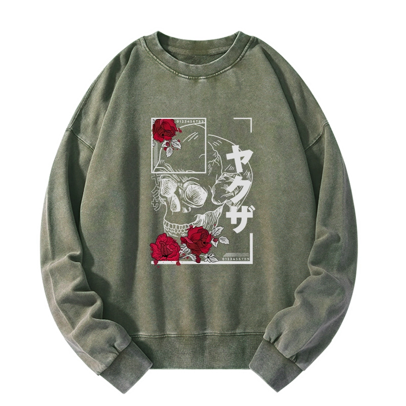 Tokyo-Tiger Skull Roses Japanese Aesthetic Washed Sweatshirt