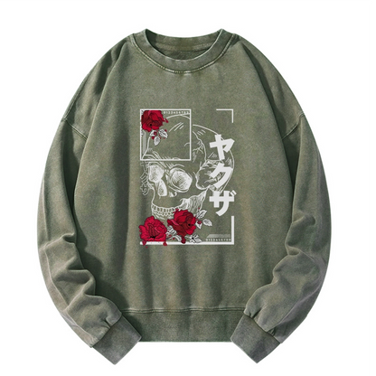 Tokyo-Tiger Skull Roses Japanese Aesthetic Washed Sweatshirt