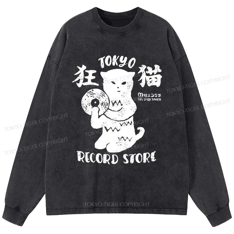 Tokyo-Tiger Tokyo Record Store Cat CD Washed Long Sleeve T-Shirt