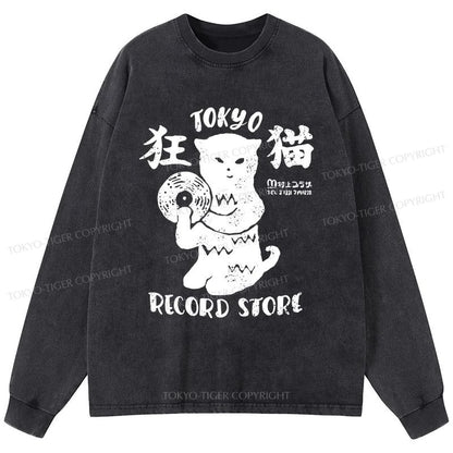 Tokyo-Tiger Tokyo Record Store Cat CD Washed Long Sleeve T-Shirt