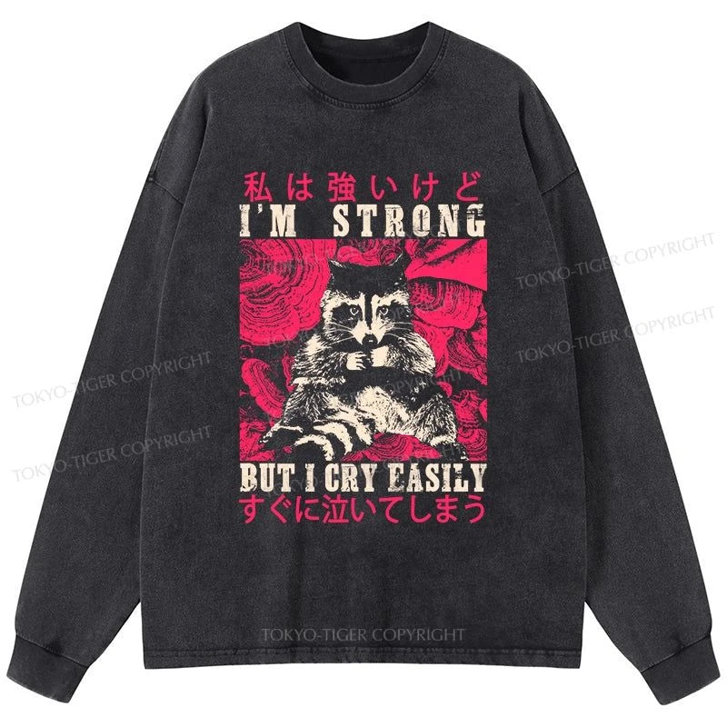 Tokyo-Tiger I Am Strong Raccoon Washed Long Sleeve T-Shirt