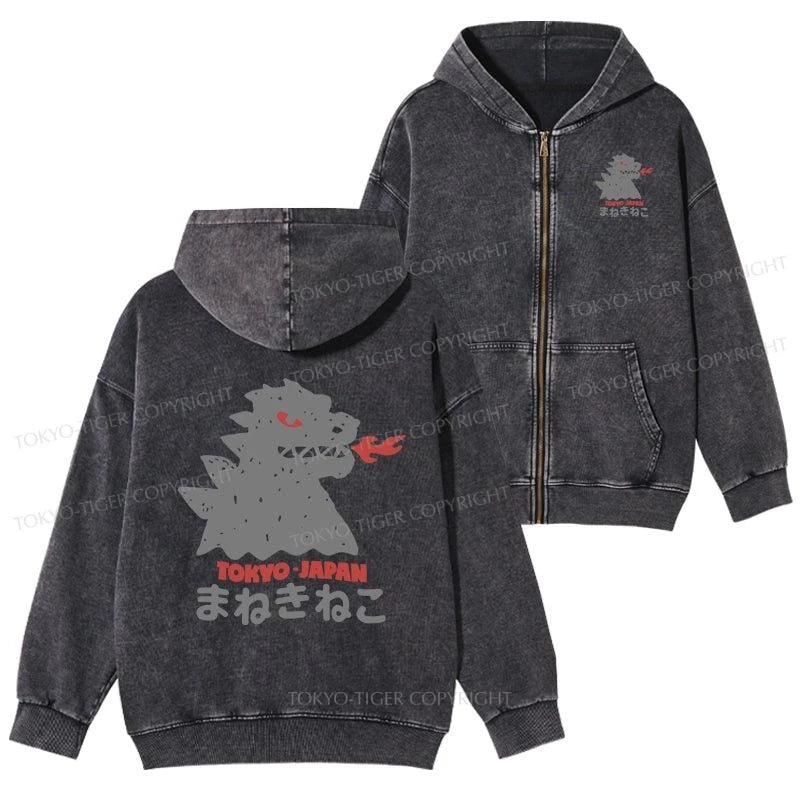 Tokyo-Tiger Japanese Fortune Cat Washed Zip Hoodie