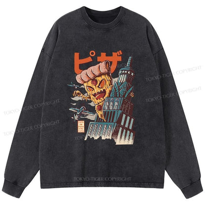 Tokyo-Tiger Great Pizza Kaiju Japanese Washed Long Sleeve T-Shirt