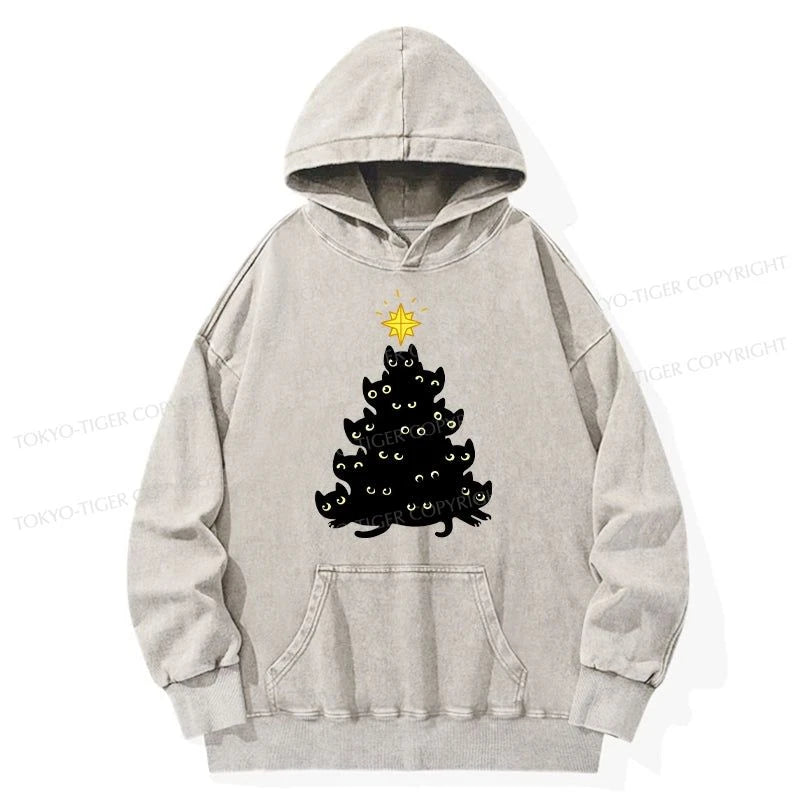 Tokyo-Tiger Black Cat Christmas Tree Washed Hoodie