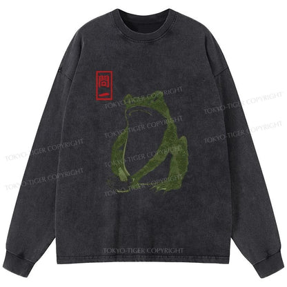 Tokyo-Tiger Woodblock Print Frog Washed Long Sleeve T-Shirt