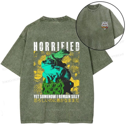 Tokyo-Tiger Horrified Two Frogs Funny Front Back Washed T-Shirt