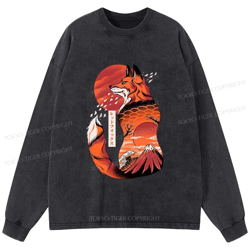 Tokyo-Tiger Japanese Fox KitsuneTattoo Washed Long Sleeve T-Shirt