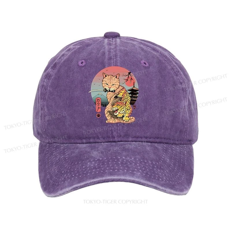 Tokyo-Tiger Katana Cat Tattoo Washed Cap