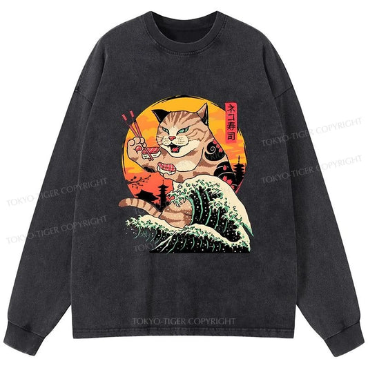 Tokyo-Tiger CatZilla Eating Sushi Japanese Wave Washed Long Sleeve T-Shirt