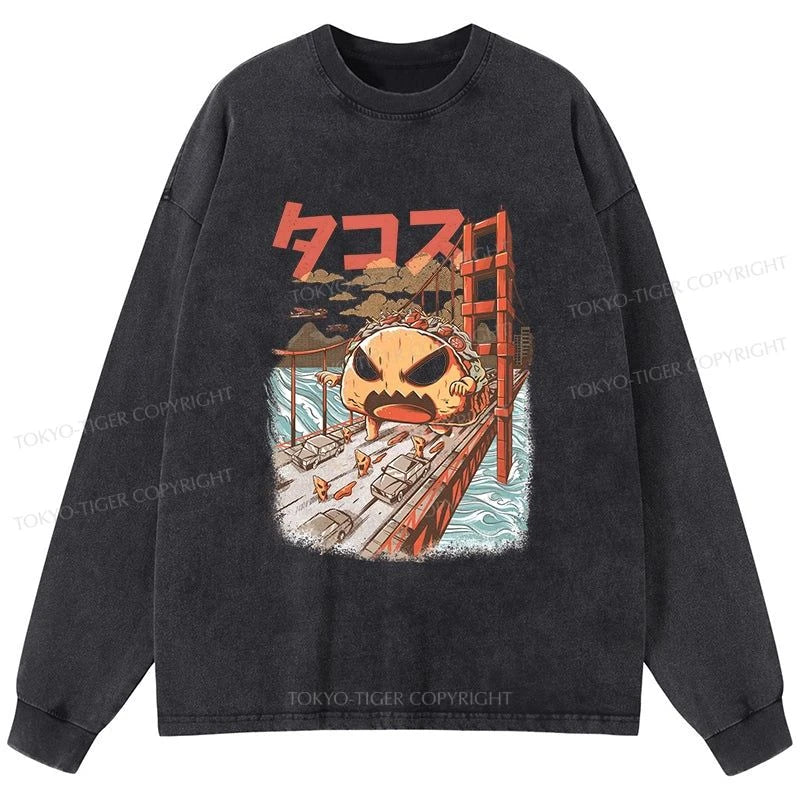 Tokyo-Tiger The Great Taco Kaiju Japanese Washed Long Sleeve T-Shirt