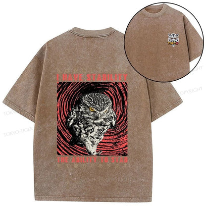 Tokyo-Tiger I Have Stability Owl Front Back Washed T-Shirt