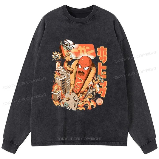 Tokyo-Tiger Great Hot Dog Kaiju Japanese Washed Long Sleeve T-Shirt