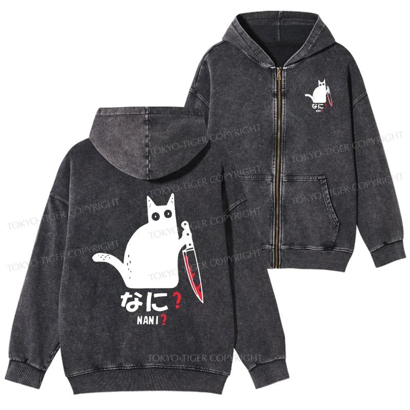 Tokyo-Tiger A Puzzled Cat Holding A Knife Washed Zip Hoodie