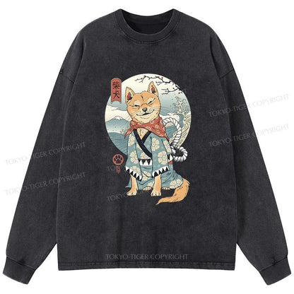 Tokyo-Tiger Samurai Shiba Dog Japanese Washed Long Sleeve T-Shirt