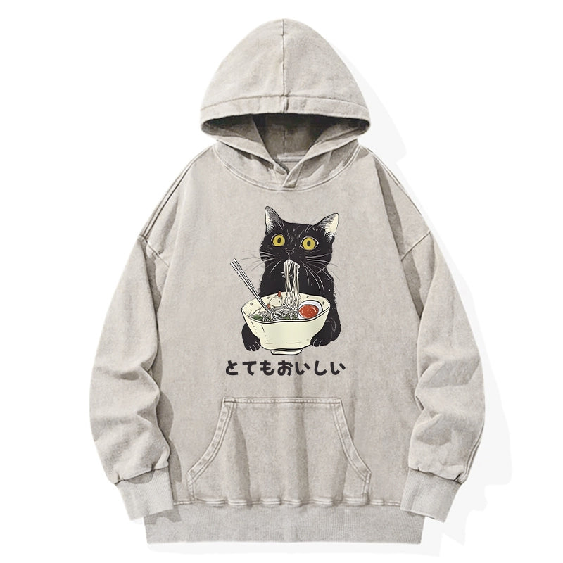 Tokyo-Tiger Cats Eat Ramen Noodles Washed Hoodie