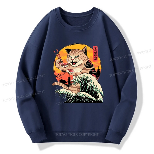 Tokyo-Tiger CatZilla Eating Sushi Japanese Wave Sweatshirt