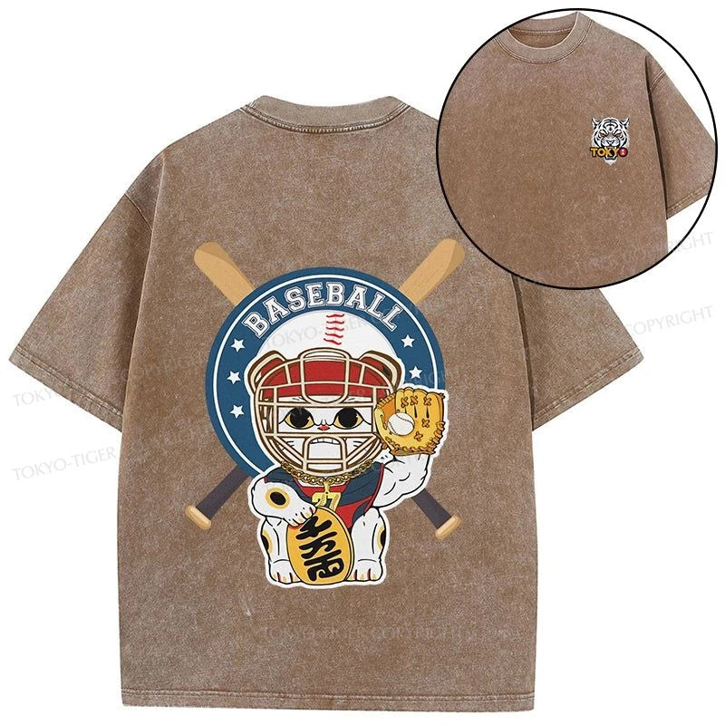 Tokyo-Tiger Janpaese Baseball Cat Front Back Washed T-Shirt