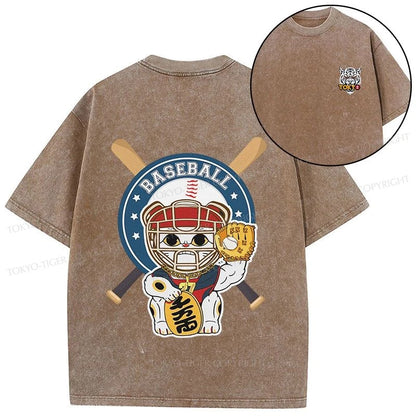 Tokyo-Tiger Janpaese Baseball Cat Front Back Washed T-Shirt