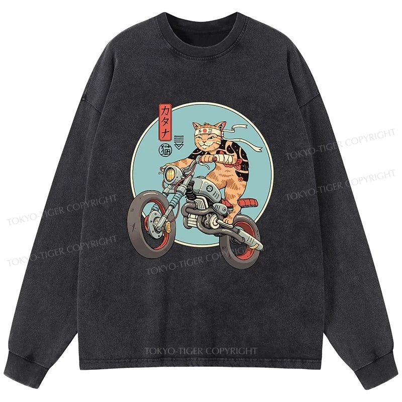 Tokyo-Tiger Catana Motorcycle Washed Long Sleeve T-Shirt