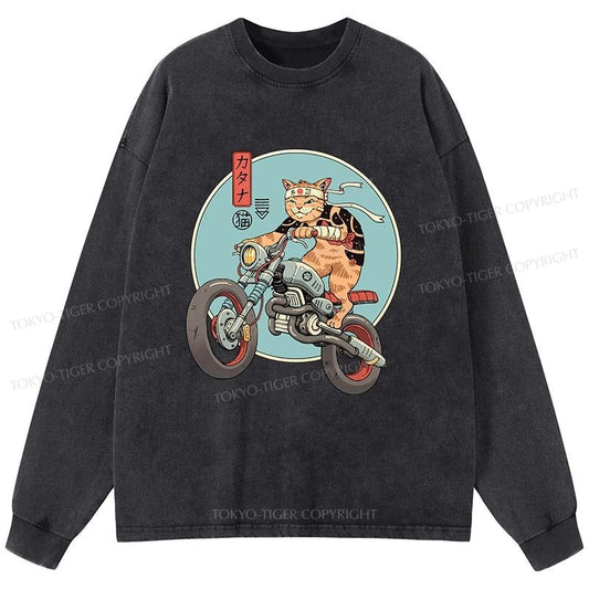 Tokyo-Tiger Catana Motorcycle Washed Long Sleeve T-Shirt