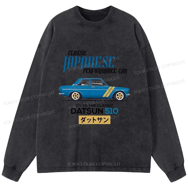 Tokyo-Tiger Datsun 510 - Classic Japanese Car Washed Long Sleeve T-Shirt