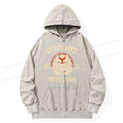 Tokyo-Tiger Hattori Hanzo Sword And Sushi Japanese Washed Hoodie