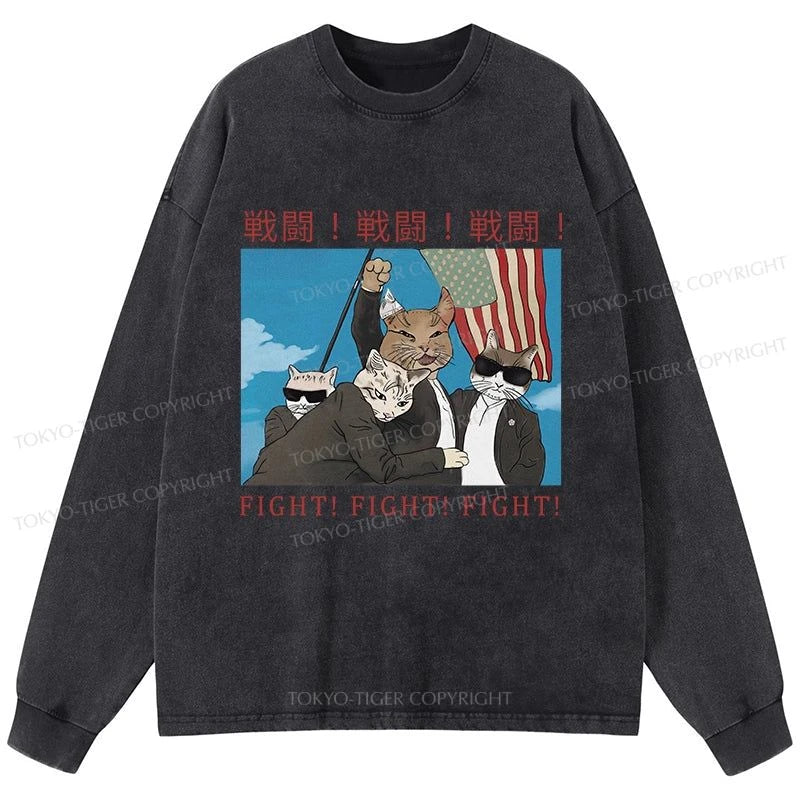 Tokyo-Tiger Fight Cat Japanese Washed Long Sleeve T-Shirt