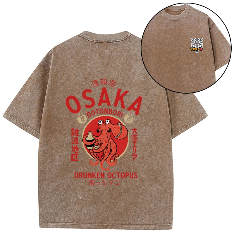 Tokyo-Tiger Drunken Octopus Japan Front Back Washed T-Shirt