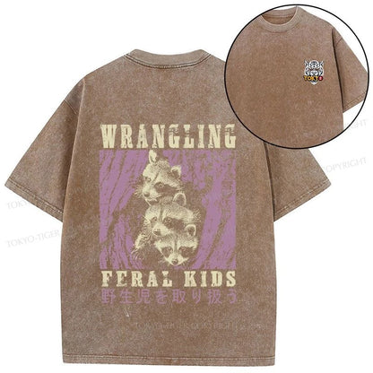 Tokyo-Tiger Wrangling Feral Raccoon Kids Front Back Washed T-Shirt