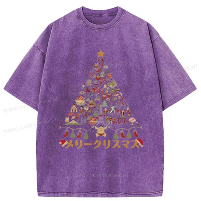 Tokyo-Tiger Japanese Christmas Tree Made Up of Icons Washed T-Shirt